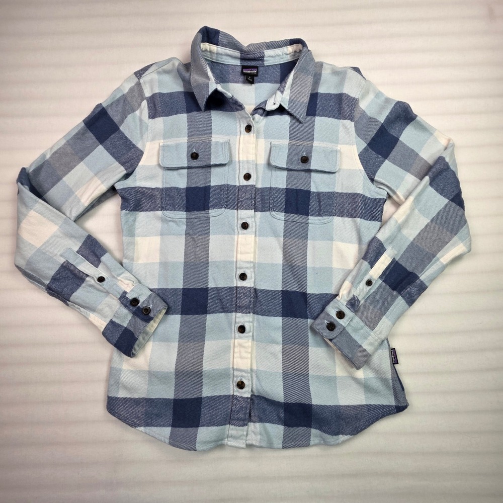 Patagonia Fjord Flannel Shirt Womens Small Blue White Plaid Organic Cotton 53916